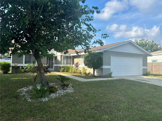 ranch-style house with a front lawn and a garage