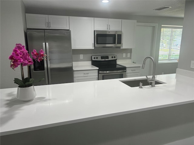 kitchen featuring sink, stainless steel appliances, and white cabinetry