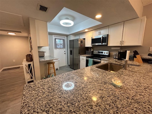 kitchen featuring hardwood / wood-style flooring, stainless steel appliances, and stone counters