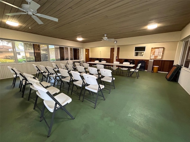 misc room featuring concrete floors, ceiling fan, and wooden ceiling