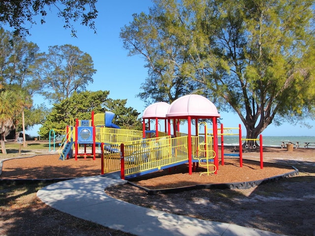 view of play area featuring a water view