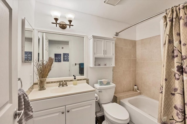 full bathroom featuring vanity, shower / bath combo, and toilet