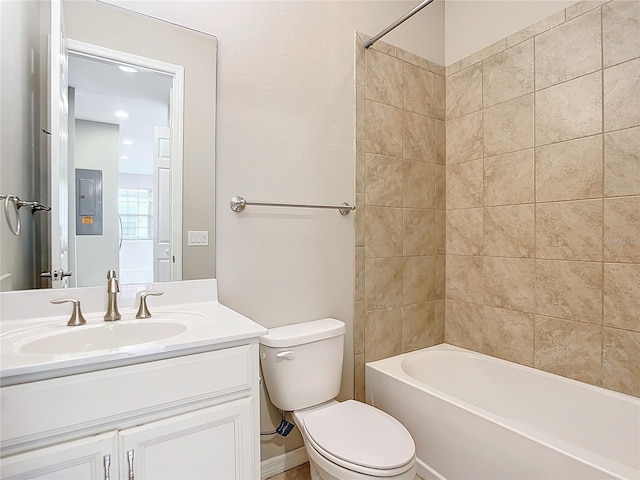 bathroom with shower / bath combination, vanity, toilet, and electric panel