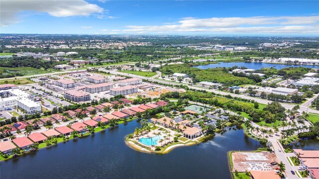 bird's eye view with a water view