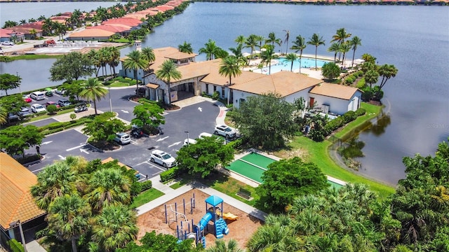 aerial view with a residential view and a water view