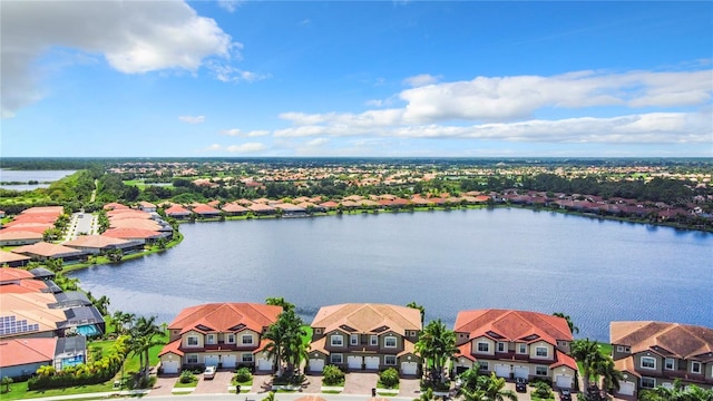 birds eye view of property with a water view and a residential view