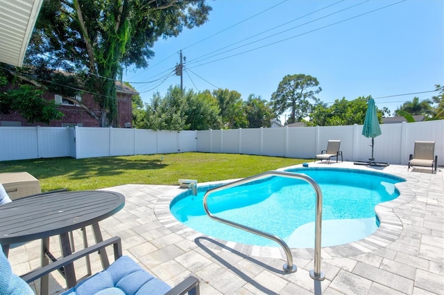 view of pool with a patio and a yard