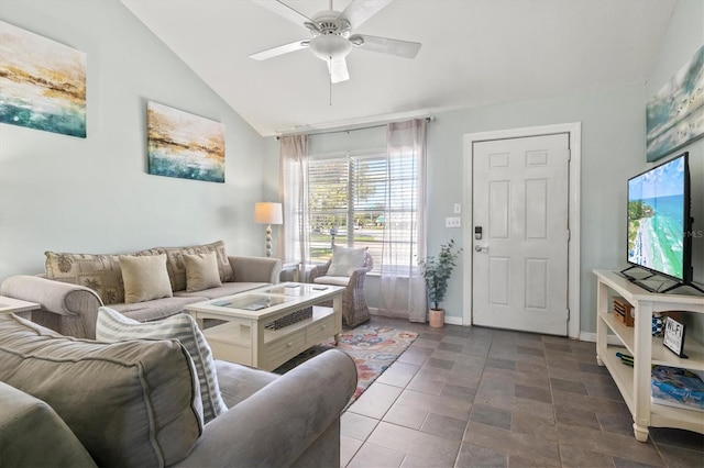 living room with ceiling fan and lofted ceiling