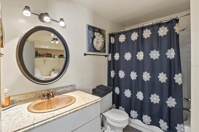 full bathroom with shower / tub combo, vanity, and toilet