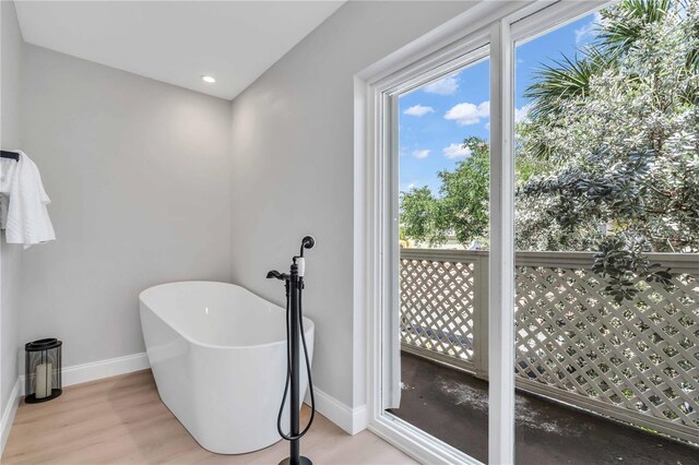 bathroom featuring hardwood / wood-style floors and a tub