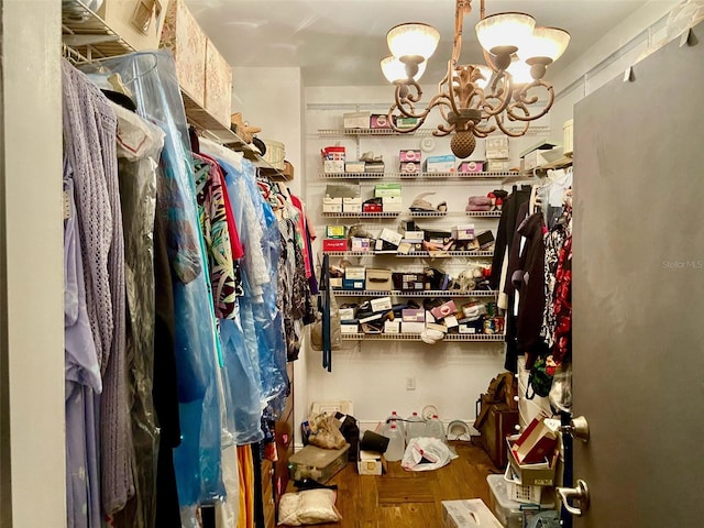 walk in closet with hardwood / wood-style floors and a notable chandelier