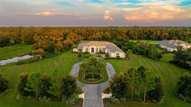 view of aerial view at dusk