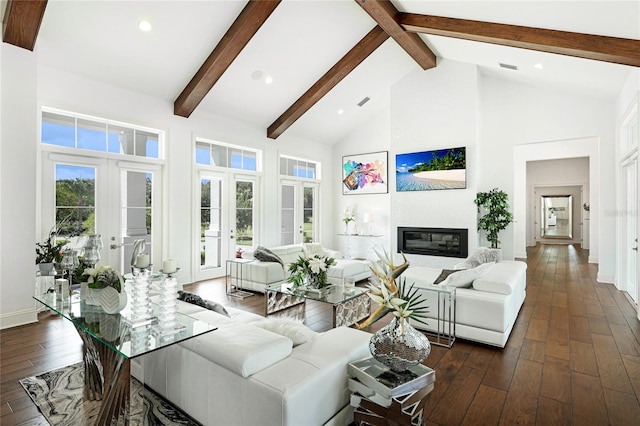 living room featuring high vaulted ceiling, french doors, dark hardwood / wood-style floors, and a healthy amount of sunlight