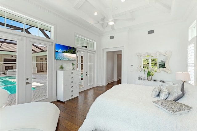 bedroom featuring ceiling fan, dark wood-type flooring, french doors, and access to exterior