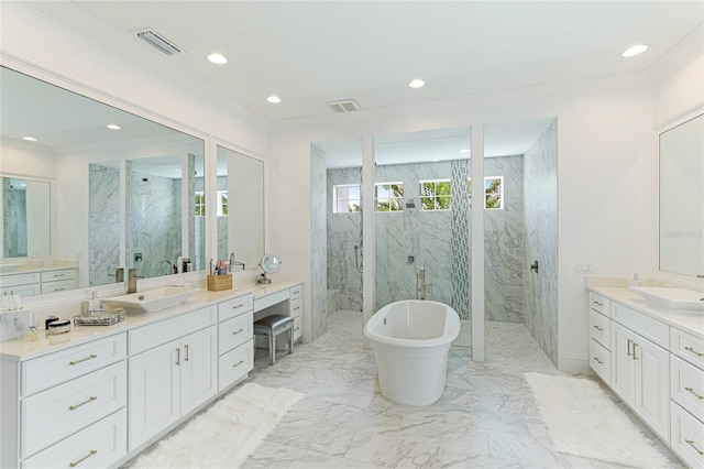 bathroom with plus walk in shower, crown molding, vanity, and tile patterned floors