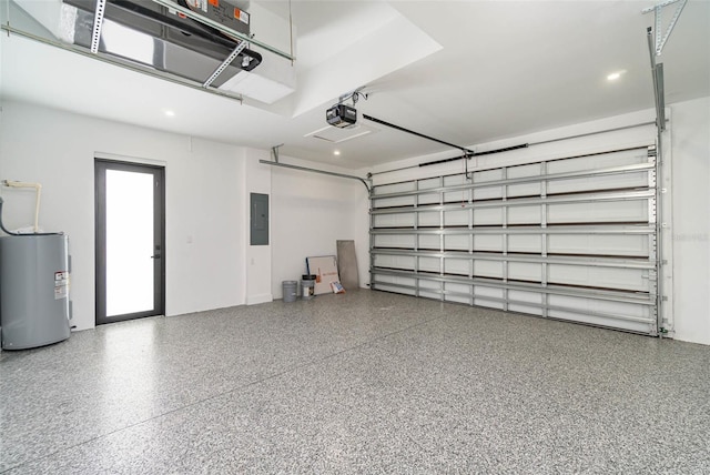 garage with electric water heater, electric panel, and a garage door opener