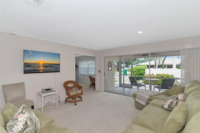 living room with light carpet and a textured ceiling