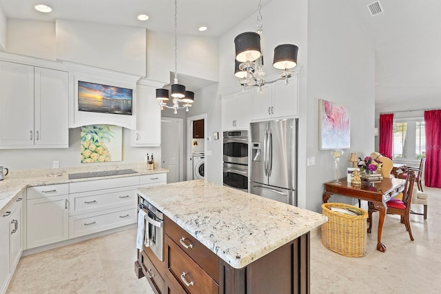 kitchen featuring light tile patterned flooring, white cabinets, stainless steel appliances, pendant lighting, and high vaulted ceiling