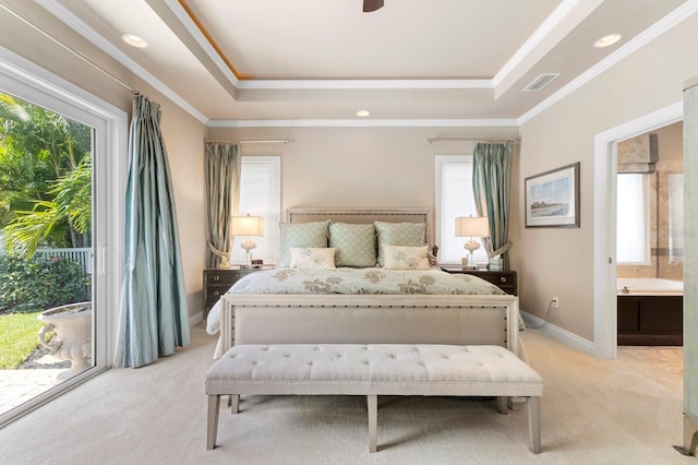 bedroom with light carpet, access to exterior, ornamental molding, and a raised ceiling