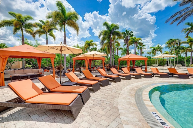 view of swimming pool featuring a gazebo