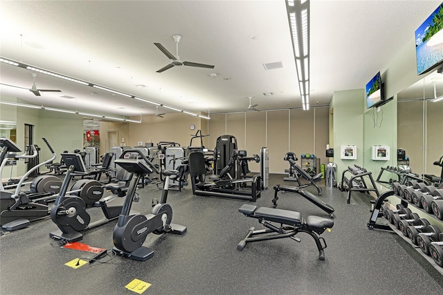 workout area with ceiling fan