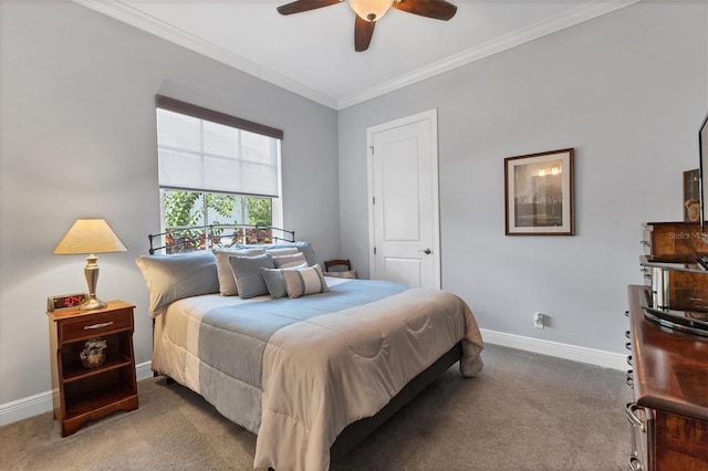 bedroom featuring ceiling fan, carpet flooring, and crown molding