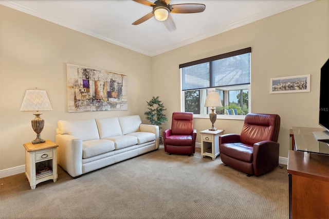 living room featuring carpet, crown molding, and ceiling fan