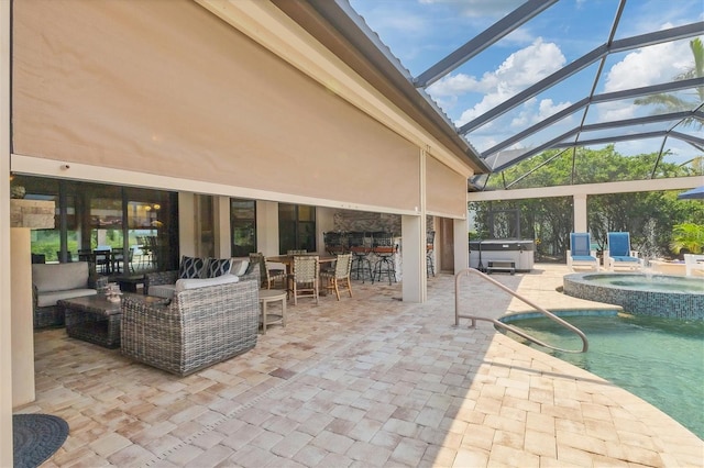 view of patio with a pool with hot tub, a lanai, and outdoor lounge area