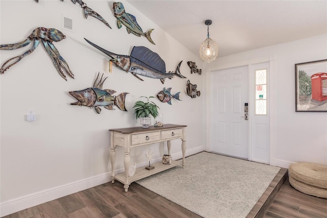 foyer with baseboards and dark wood-style flooring