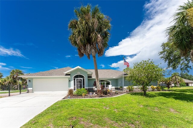 ranch-style house with a garage and a front yard