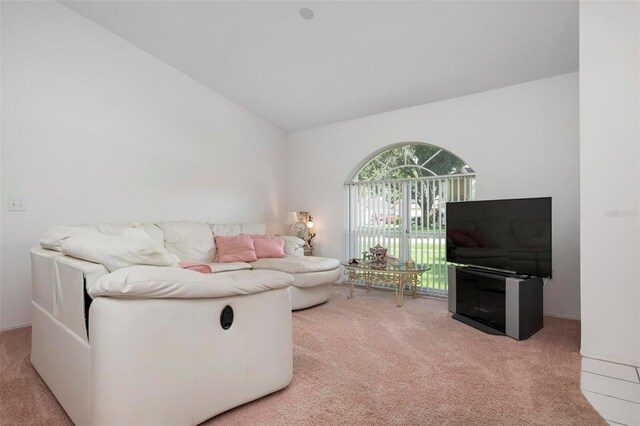 living room featuring lofted ceiling and light colored carpet