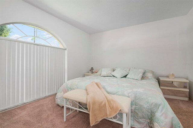 bedroom with vaulted ceiling and carpet flooring