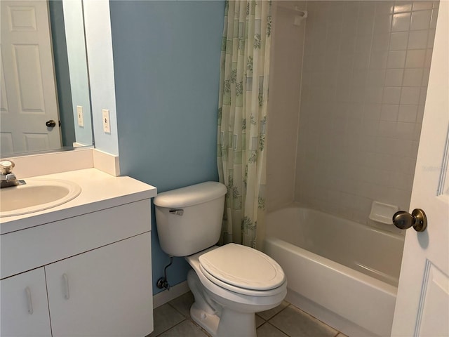 full bathroom with tile patterned flooring, toilet, shower / bathtub combination with curtain, and vanity