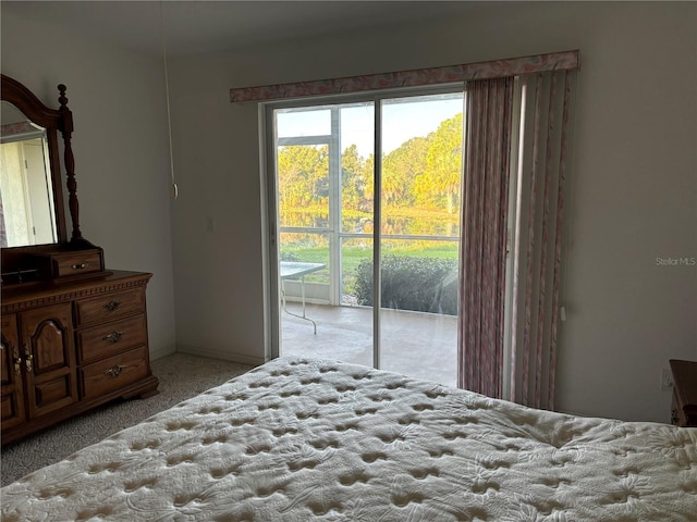 bedroom featuring access to exterior and light carpet