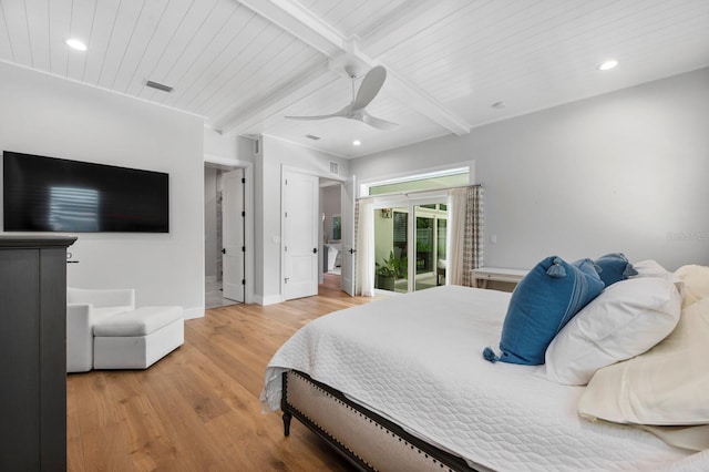 bedroom with ceiling fan, wooden ceiling, light wood-type flooring, beamed ceiling, and access to exterior