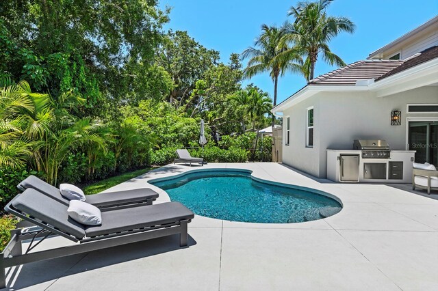 view of pool with area for grilling and a patio