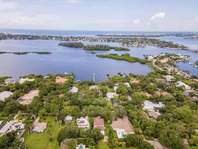 drone / aerial view featuring a water view