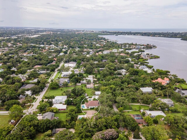 bird's eye view with a water view