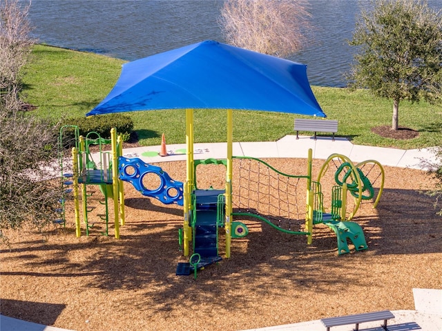 view of playground featuring a water view