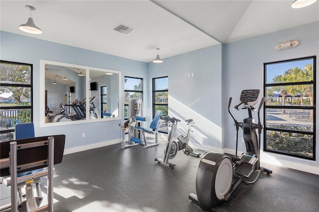 workout area featuring vaulted ceiling