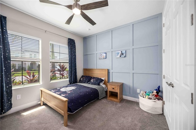 bedroom featuring carpet flooring and ceiling fan