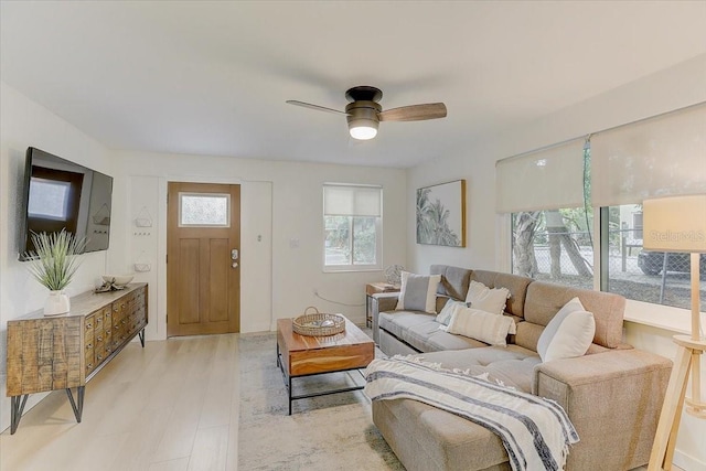 living room with a ceiling fan and light wood finished floors