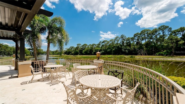 view of patio featuring a water view