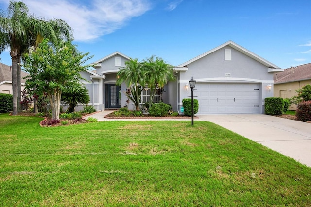 ranch-style house with a front yard and a garage