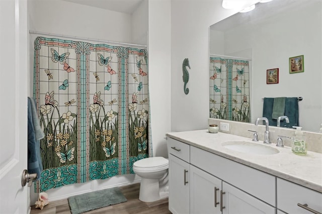 bathroom with vanity, wood-type flooring, and toilet