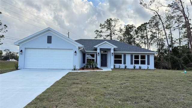 single story home with a front yard and a garage