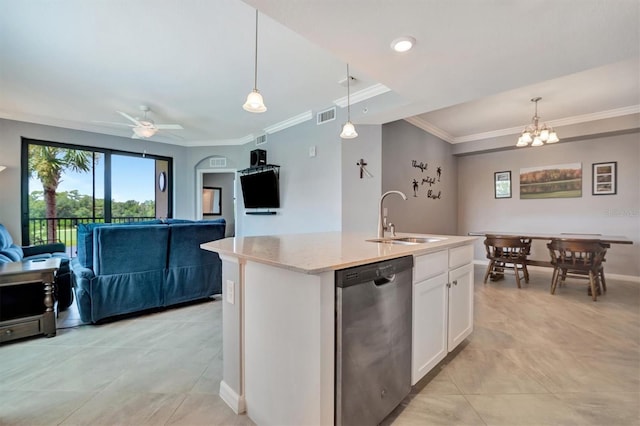 kitchen featuring pendant lighting, sink, a kitchen island with sink, white cabinets, and stainless steel dishwasher