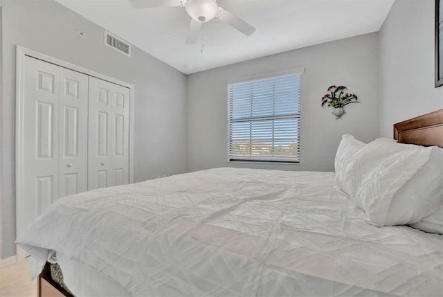 bedroom featuring ceiling fan and a closet