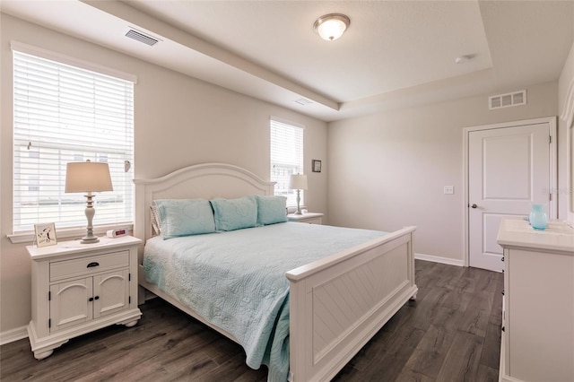 bedroom featuring dark hardwood / wood-style floors and a tray ceiling