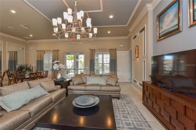 living room featuring ornamental molding and french doors